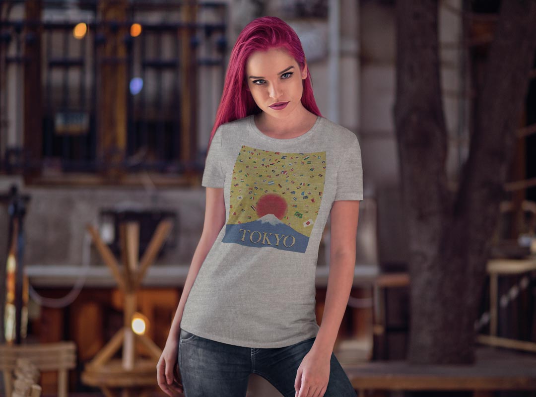 tシャツ レディース 半袖 白地 デザイン M L 白 ホワイト グレー Tシャツ ティーシャツ T shirt 014660 東京　富士山　国旗