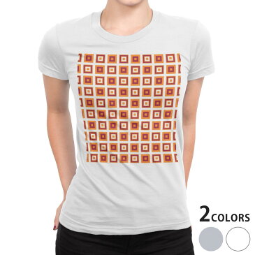 tシャツ レディース 半袖 白地 デザイン S M L XL Tシャツ ティーシャツ T shirt 000110 タイル 四角 オレンジ