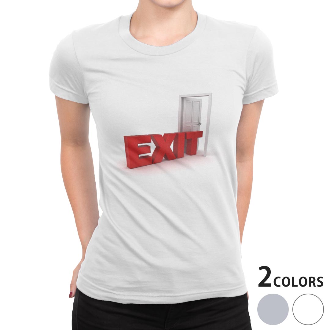 tシャツ レディース 半袖 白地 デザイン M L 白 ホワイト グレー Tシャツ ティーシャツ T shirt 000205 ユニーク イラスト 出口 ドア