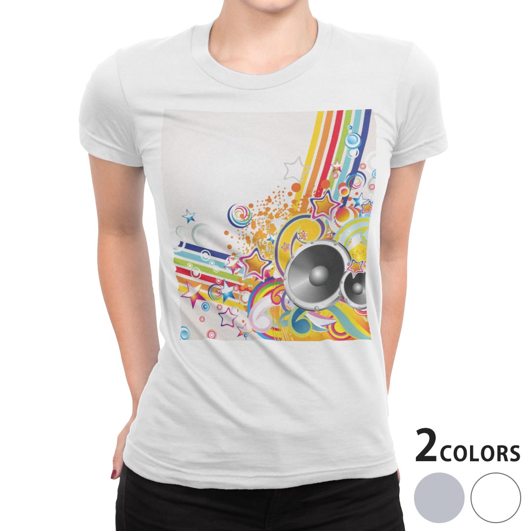 tシャツ レディース 半袖 白地 デザイン M L 白 ホワイト グレー Tシャツ ティーシャツ T shirt 000268 クール 音楽　トロピカル　カラフル　星