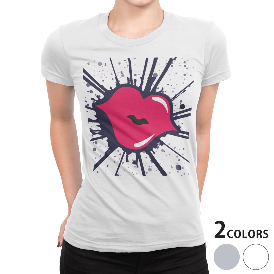 tシャツ レディース 半袖 白地 デザイン M L 白 ホワイト グレー Tシャツ ティーシャツ T shirt 000847 クール イラスト 唇