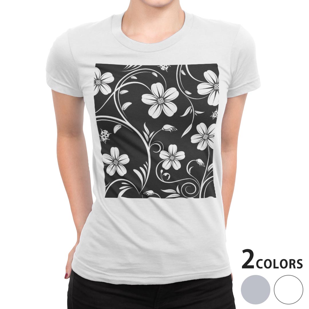 tシャツ レディース 半袖 白地 デザイン M L 白 ホワイト グレー Tシャツ ティーシャツ T shirt 001052 ユニーク 花　モノクロ(4.0)