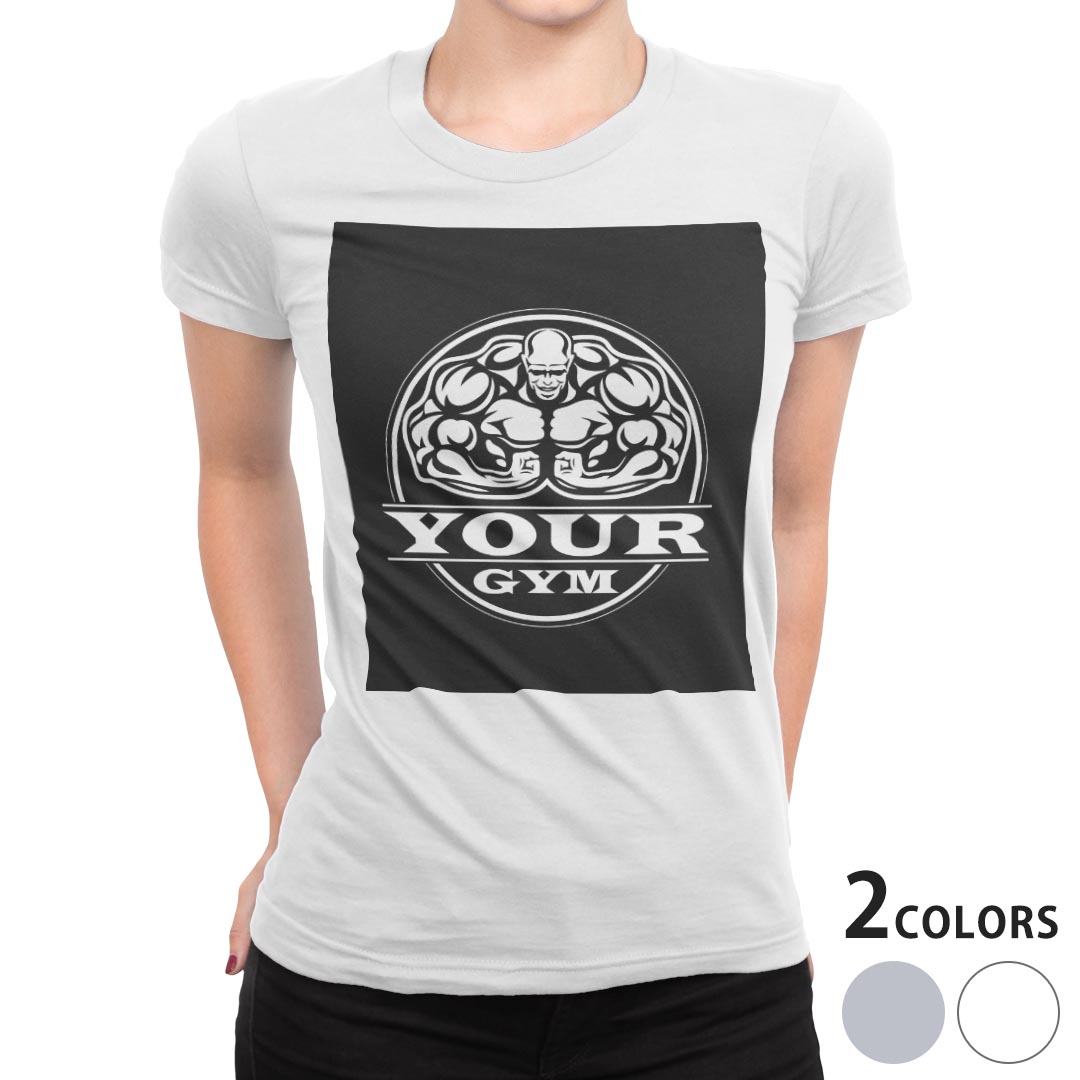 上身 - tシャツ レディース 半袖 白地 デザイン M L 白 ホワイト グレー Tシャツ ティーシャツ T shirt 001057 ユニーク 筋肉　ジム