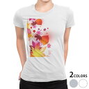 tシャツ レディース 半袖 白地 デザイン M L 白 ホワイト グレー Tシャツ ティーシャツ T shirt 001303 フラワー 紅葉 秋