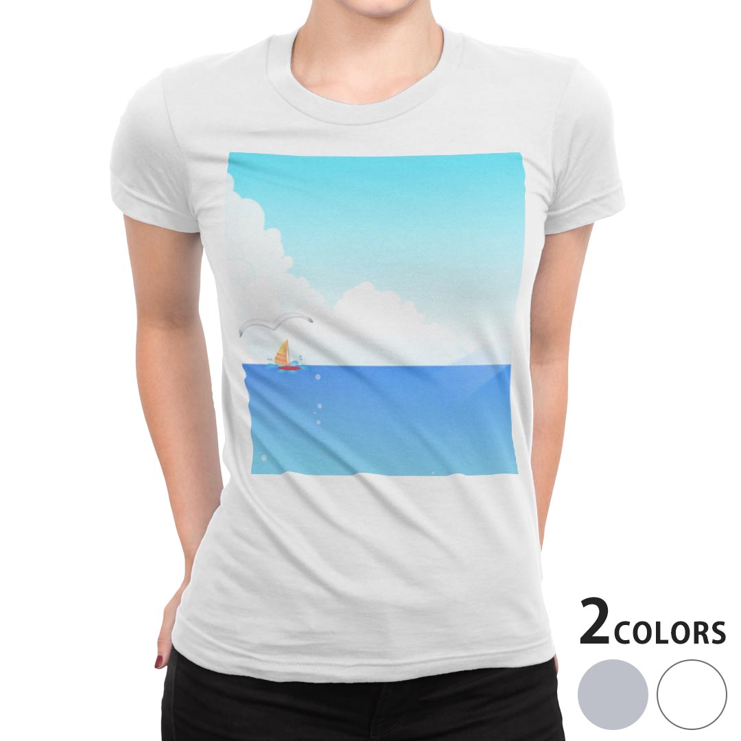 tシャツ レディース 半袖 白地 デザイン M L 白 ホワイト グレー Tシャツ ティーシャツ T shirt 001351 その他 海 ヨット 鳥