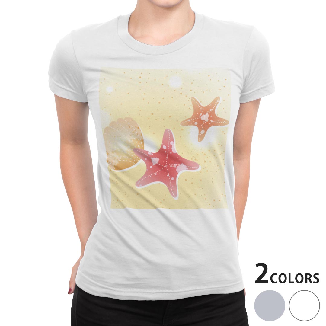 tシャツ レディース 半袖 白地 デザイン M L 白 ホワイト グレー Tシャツ ティーシャツ T shirt 001401 その他 貝　砂浜