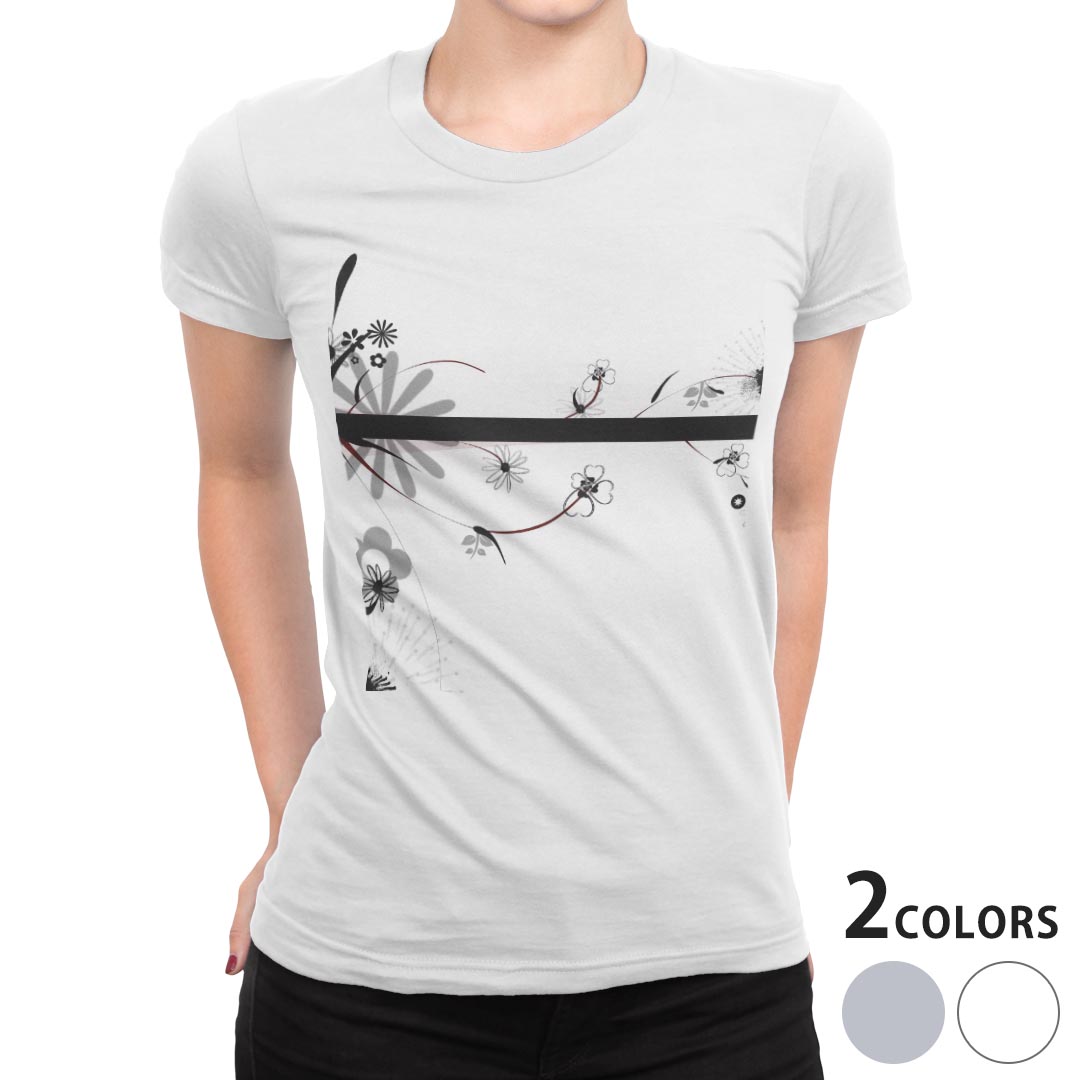 tシャツ レディース 半袖 白地 デザイン M L 白 ホワイト グレー Tシャツ ティーシャツ T shirt 001575 フラワー 花 モノクロ