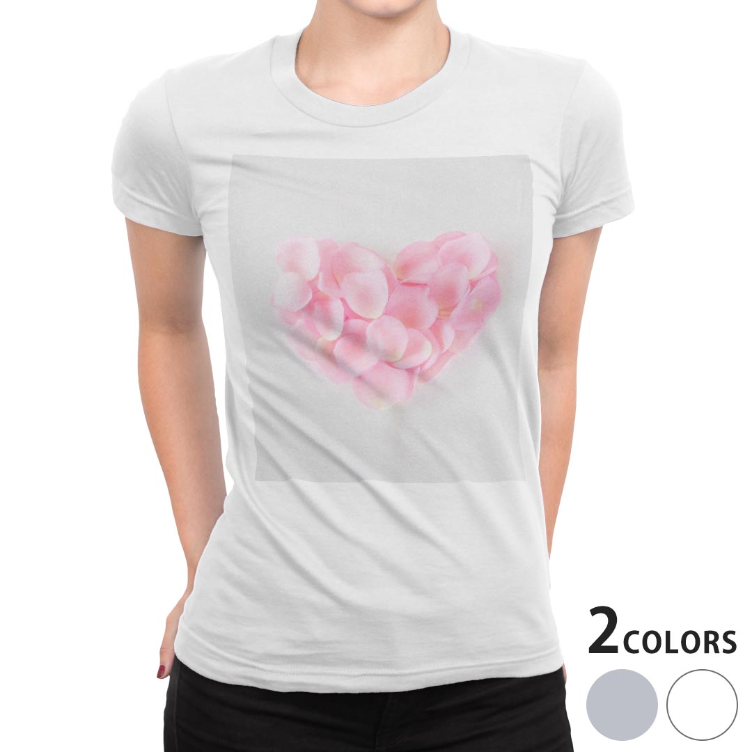 tシャツ レディース 半袖 白地 デザイン M L 白 ホワイト グレー Tシャツ ティーシャツ T shirt 001576 ラブリー 花 ハート 花びら