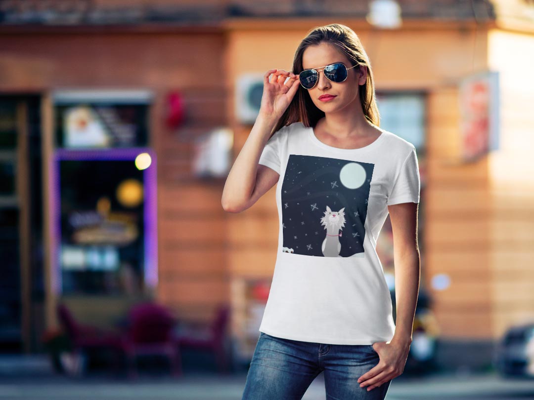 tシャツ レディース 半袖 白地 デザイン M L 白 ホワイト グレー Tシャツ ティーシャツ T shirt 001138 アニマル 満月　オオカミ