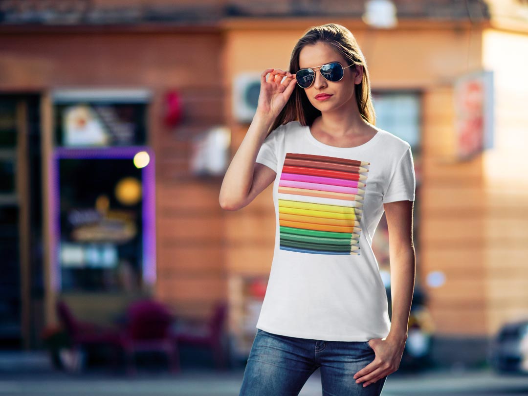 tシャツ レディース 半袖 白地 デザイン M L 白 ホワイト グレー Tシャツ ティーシャツ T shirt 001542 ユニーク 鉛筆　カラフルの商品画像 2