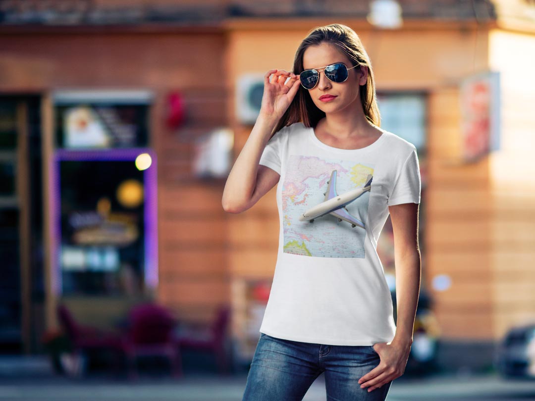 tシャツ レディース 半袖 白地 デザイン M L 白 ホワイト グレー Tシャツ ティーシャツ T shirt 002849 写真・風景 地図　乗り物　飛行機