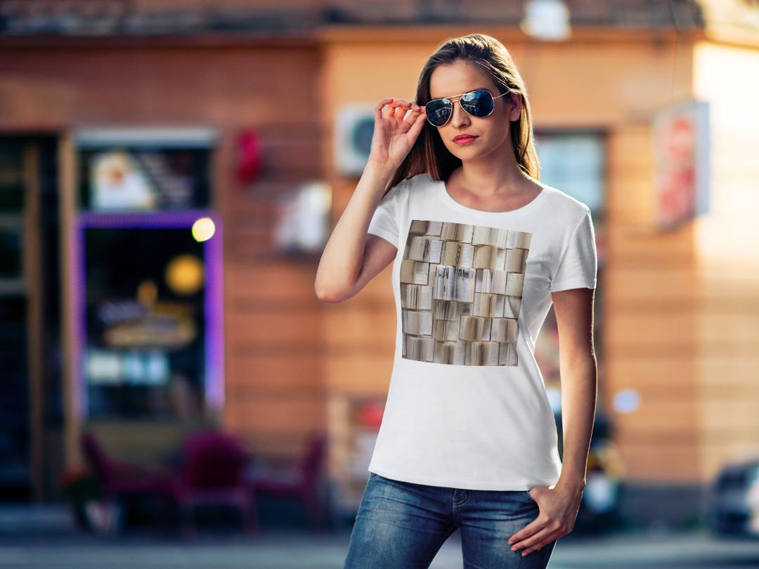 tシャツ レディース 半袖 白地 デザイン S M L XL Tシャツ ティーシャツ T shirt 023008 本棚　写真