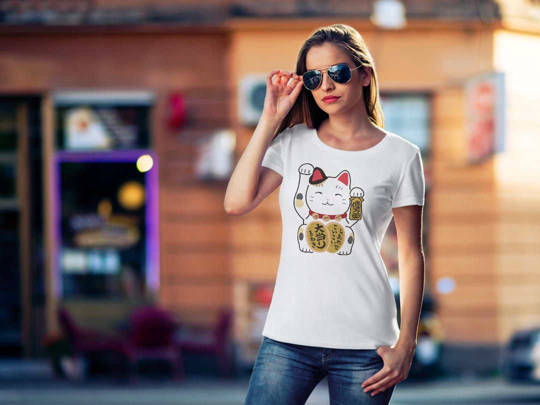 tシャツ レディース 半袖 白地 デザイン M L 白 ホワイト グレー Tシャツ ティーシャツ T shirt 032096 招き猫 イラスト かわいい kabekore-11009295 kabeコレ サンプル画像2