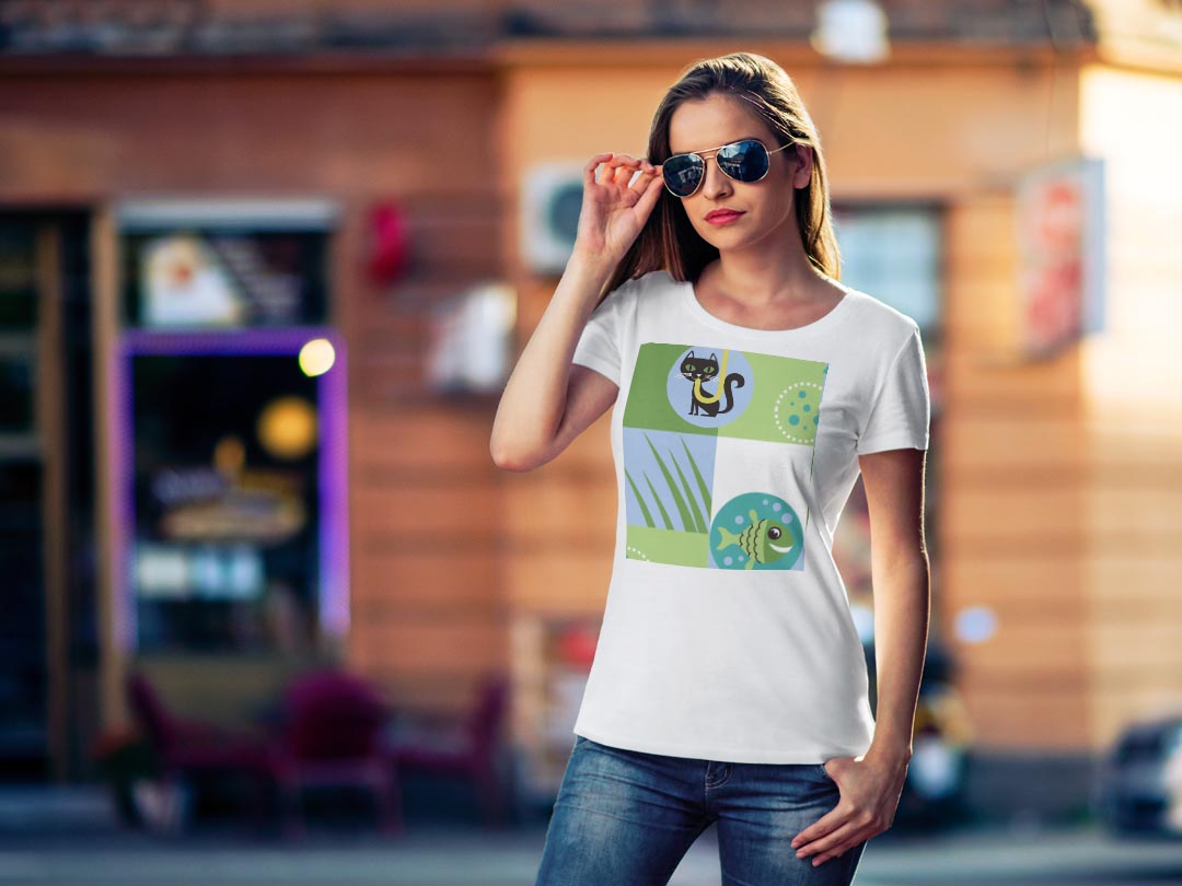 tシャツ レディース 半袖 白地 デザイン M L 白 ホワイト グレー Tシャツ ティーシャツ T shirt 004007 ラブリー 猫　海　キャラクター　緑