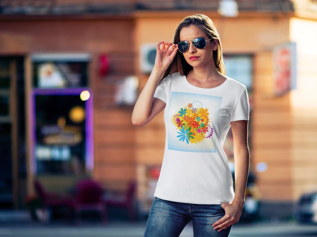 tシャツ レディース 半袖 白地 デザイン M L 白 ホワイト グレー Tシャツ ティーシャツ T shirt 004984 フラワー 花　フラワー　イラスト
