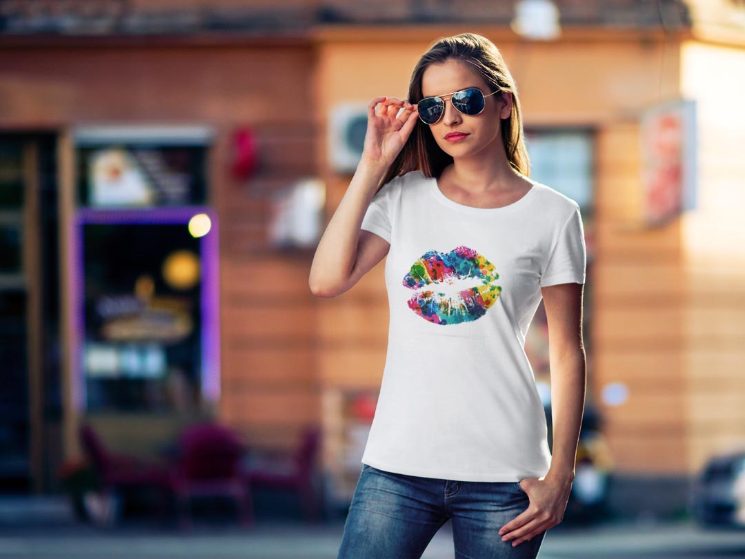 tシャツ レディース 半袖 白地 デザイン M L 白 ホワイト グレー Tシャツ ティーシャツ T shirt 006165 ユニーク カラフル　唇