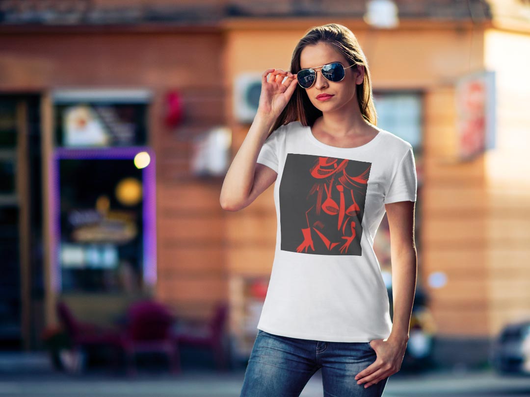 tシャツ レディース 半袖 白地 デザイン M L 白 ホワイト グレー Tシャツ ティーシャツ T shirt 007285 クール 人物　赤　レッド　イラスト