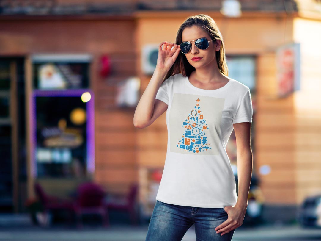 tシャツ レディース 半袖 白地 デザイン M L 白 ホワイト グレー Tシャツ ティーシャツ T shirt 009740 クリスマス　ツリー　青