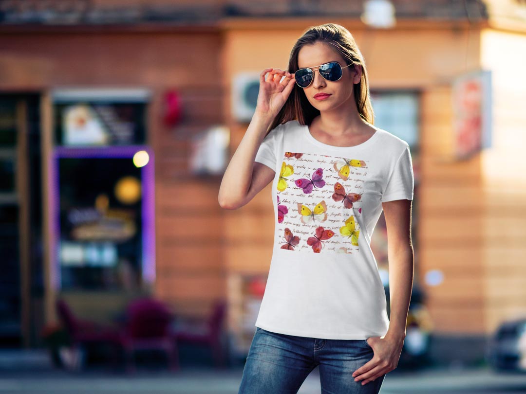 tシャツ レディース 半袖 白地 デザイン M L 白 ホワイト グレー Tシャツ ティーシャツ T shirt 011012 蝶　英語　カラフル kabekore-11246789 kabeコレ サンプル画像2