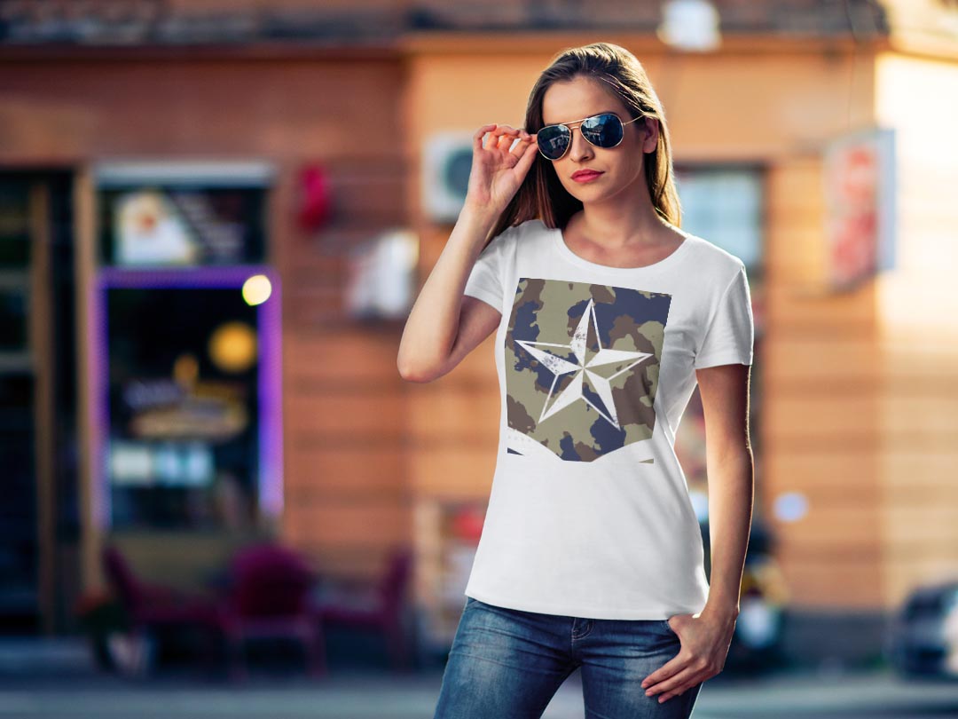 tシャツ レディース 半袖 白地 デザイン M L 白 ホワイト グレー Tシャツ ティーシャツ T shirt 011597 迷彩　カモフラ　星