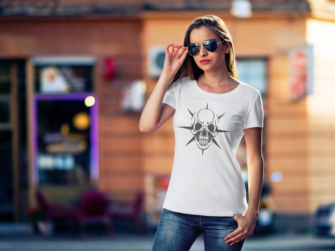 tシャツ レディース 半袖 白地 デザイン M L 白 ホワイト グレー Tシャツ ティーシャツ T shirt 011671 骸骨　ドクロ　白黒 2