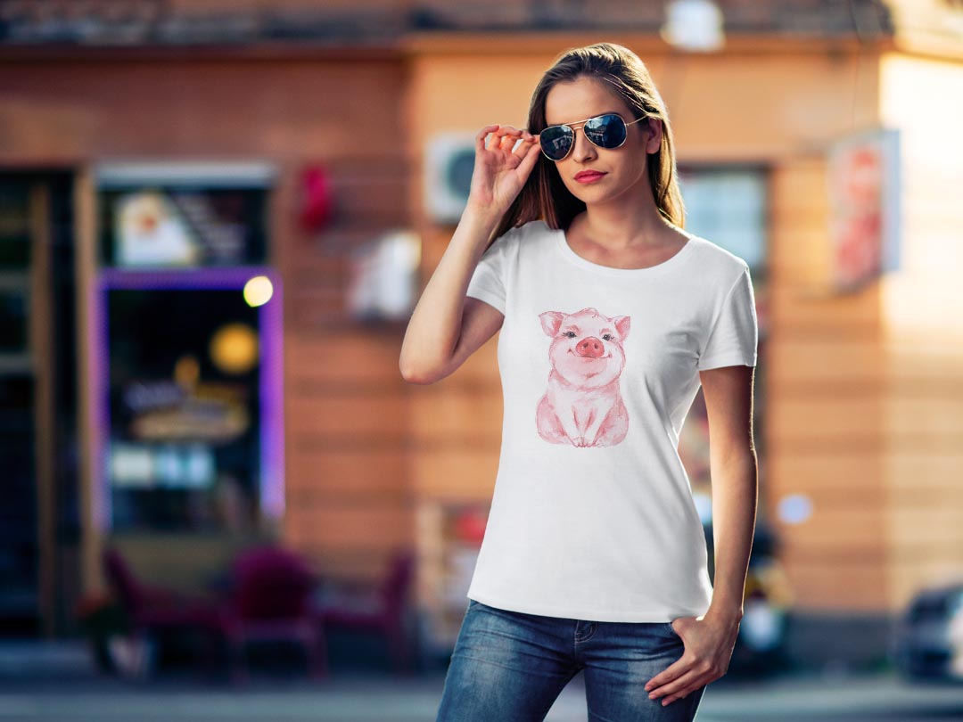 tシャツ レディース 半袖 白地 デザイン M L 白 ホワイト グレー Tシャツ ティーシャツ T shirt 013412 豚　動物　イラスト