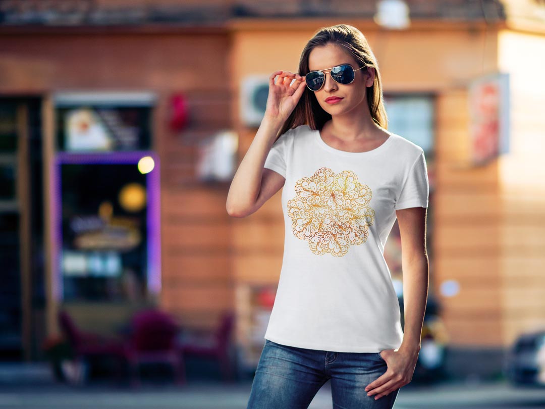 tシャツ レディース 半袖 白地 デザイン M L 白 ホワイト グレー Tシャツ ティーシャツ T shirt 013607 花　オレンジ　サイケデリック