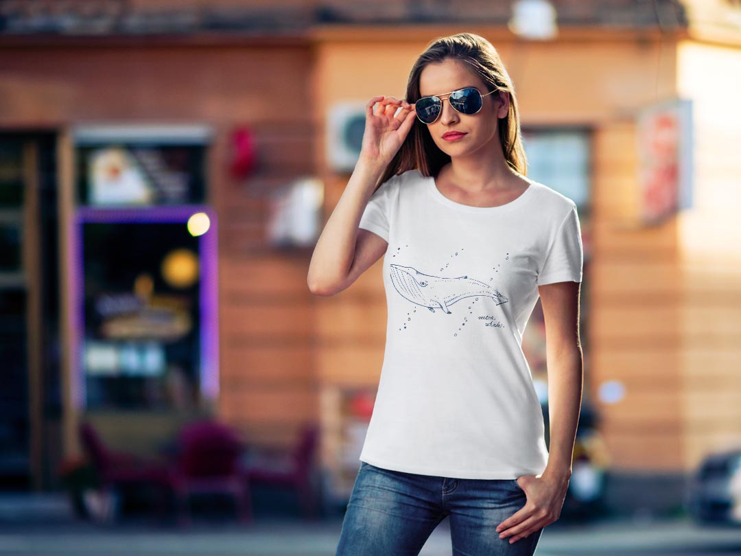 tシャツ レディース 半袖 白地 デザイン M L 白 ホワイト グレー Tシャツ ティーシャツ T shirt 014742 海　クジラ　生き物