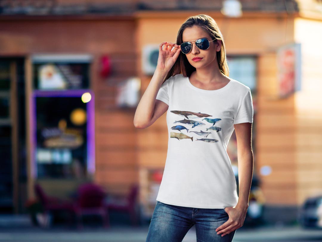 tシャツ レディース 半袖 白地 デザイン M L 白 ホワイト グレー Tシャツ ティーシャツ T shirt 015836 魚　海　くじら　シャチ