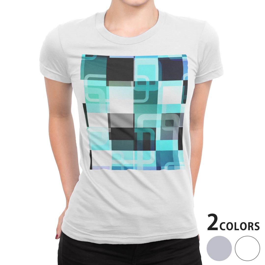 tシャツ レディース 半袖 白地 デザイン M L 白 ホワイト グレー Tシャツ ティーシャツ T shirt 002482 チェック・ボーダー 模様 青 黒