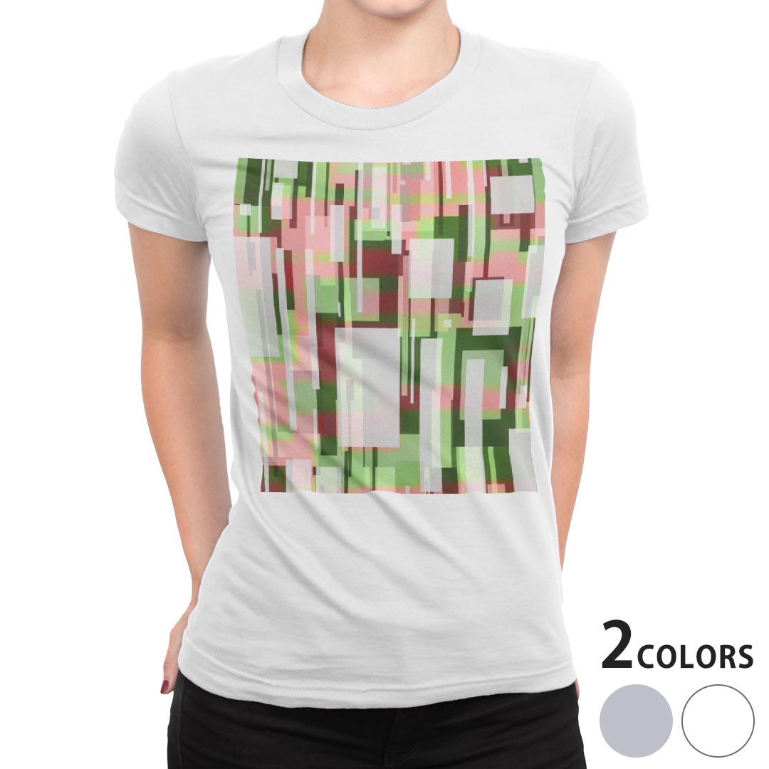 tシャツ レディース 半袖 白地 デザイン S M L XL Tシャツ ティーシャツ T shirt 002561 チェック・ボーダー 模様　ピンク　緑 1