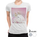 tシャツ レディース 半袖 白地 デザイン M L 白 ホワイト グレー Tシャツ ティーシャツ T shirt 002570 アニマル うさぎ 動物 写真