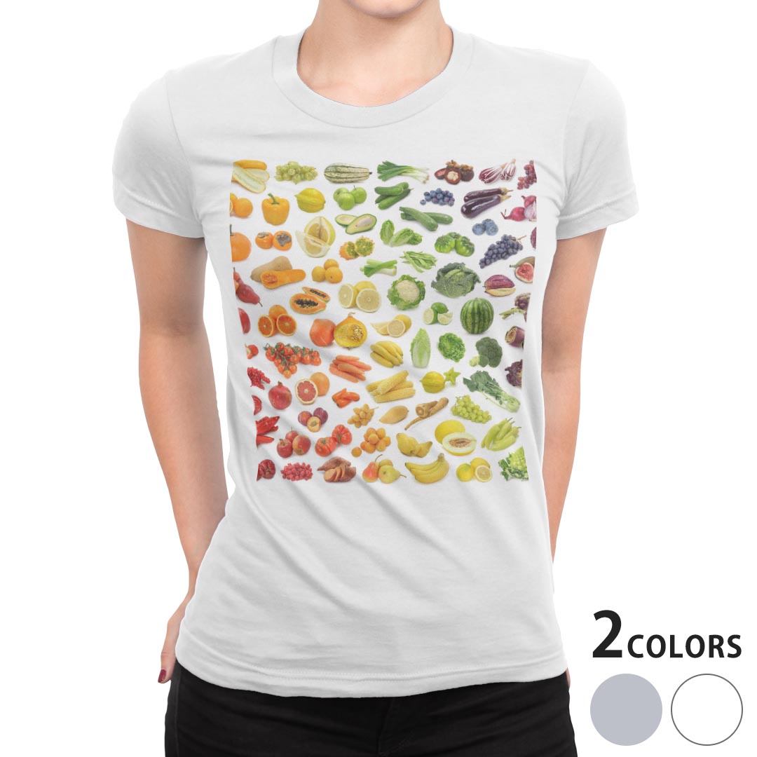 tシャツ レディース 半袖 白地 デザイン M L 白 ホワイト グレー Tシャツ ティーシャツ T shirt 003408 フラワー ラグジュアリー 果物　カラフル　写真