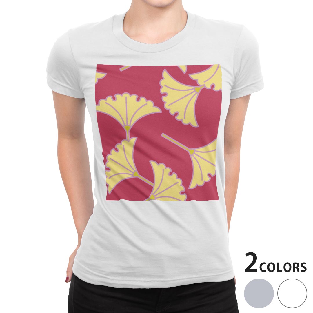 tシャツ レディース 半袖 白地 デザイン M L 白 ホワイト グレー Tシャツ ティーシャツ T shirt 003883 チェック・ボーダー 和風 和柄 イチョウ