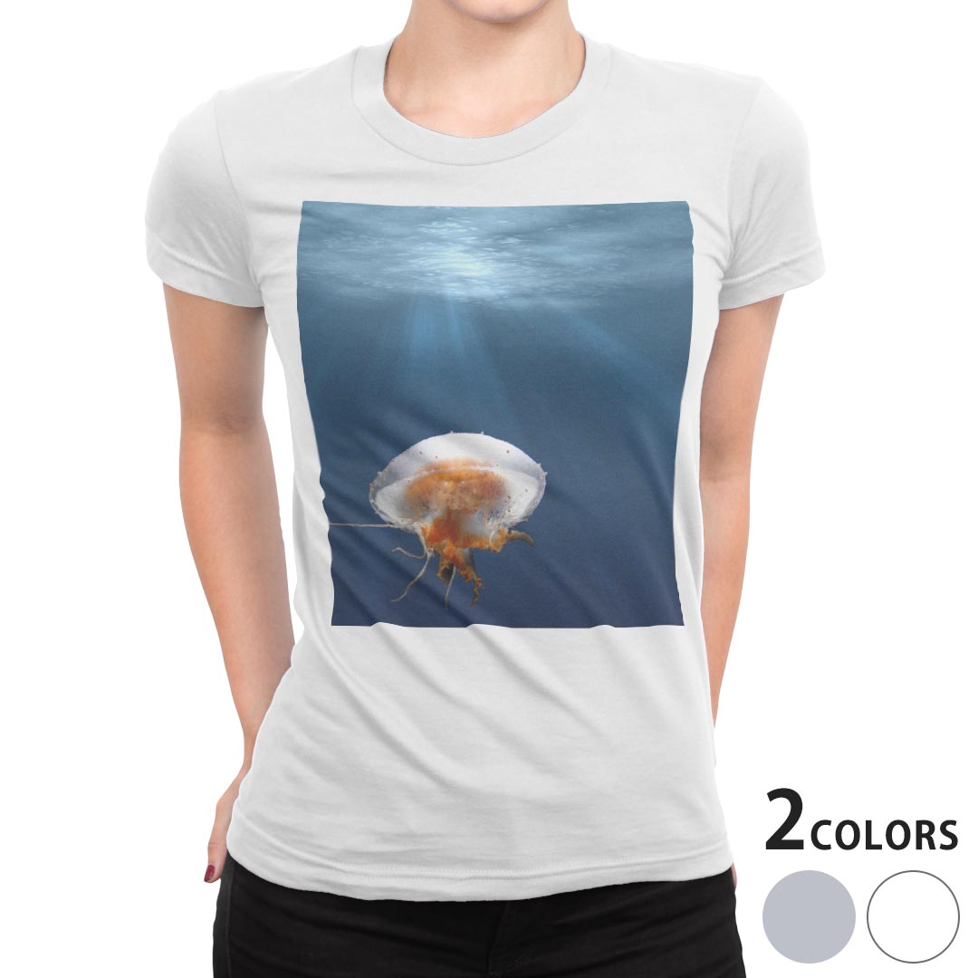 tシャツ レディース 半袖 白地 デザイン S M L XL Tシャツ ティーシャツ T shirt 023477 くらげ 写真 海