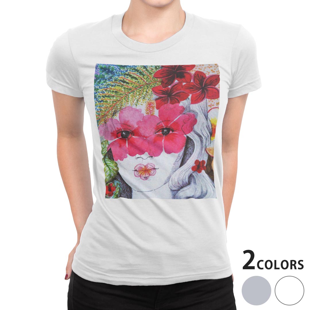 tシャツ レディース 半袖 白地 デザイン S M L XL Tシャツ ティーシャツ T shirt 023679 花 イラスト 人物 フラワー