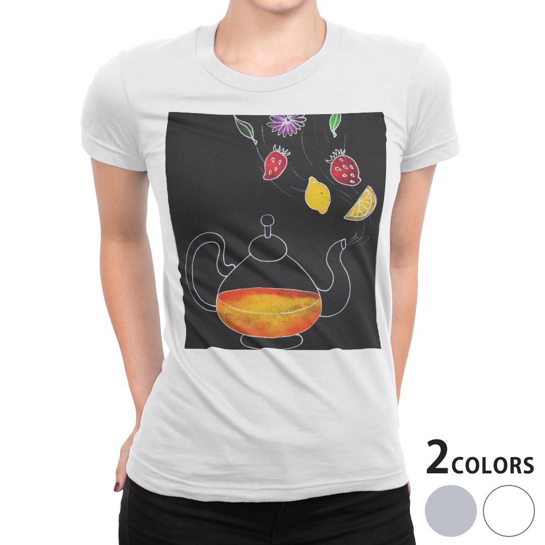 tシャツ レディース 半袖 白地 デザイン S M L XL Tシャツ ティーシャツ T shirt 023872 果物　紅茶
