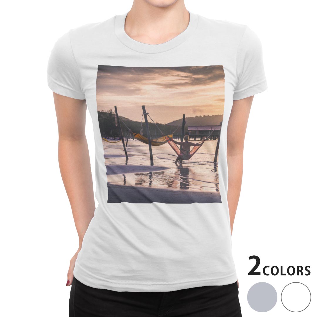 tシャツ レディース 半袖 白地 デザイン S M L XL Tシャツ ティーシャツ T shirt 023905 夕日　写真