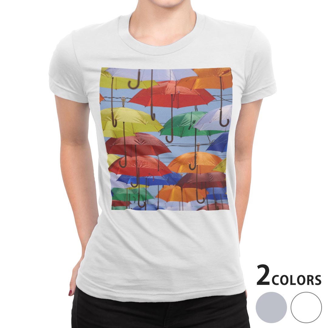 tシャツ レディース 半袖 白地 デザイン S M L XL Tシャツ ティーシャツ T shirt 023926 傘 カラフル