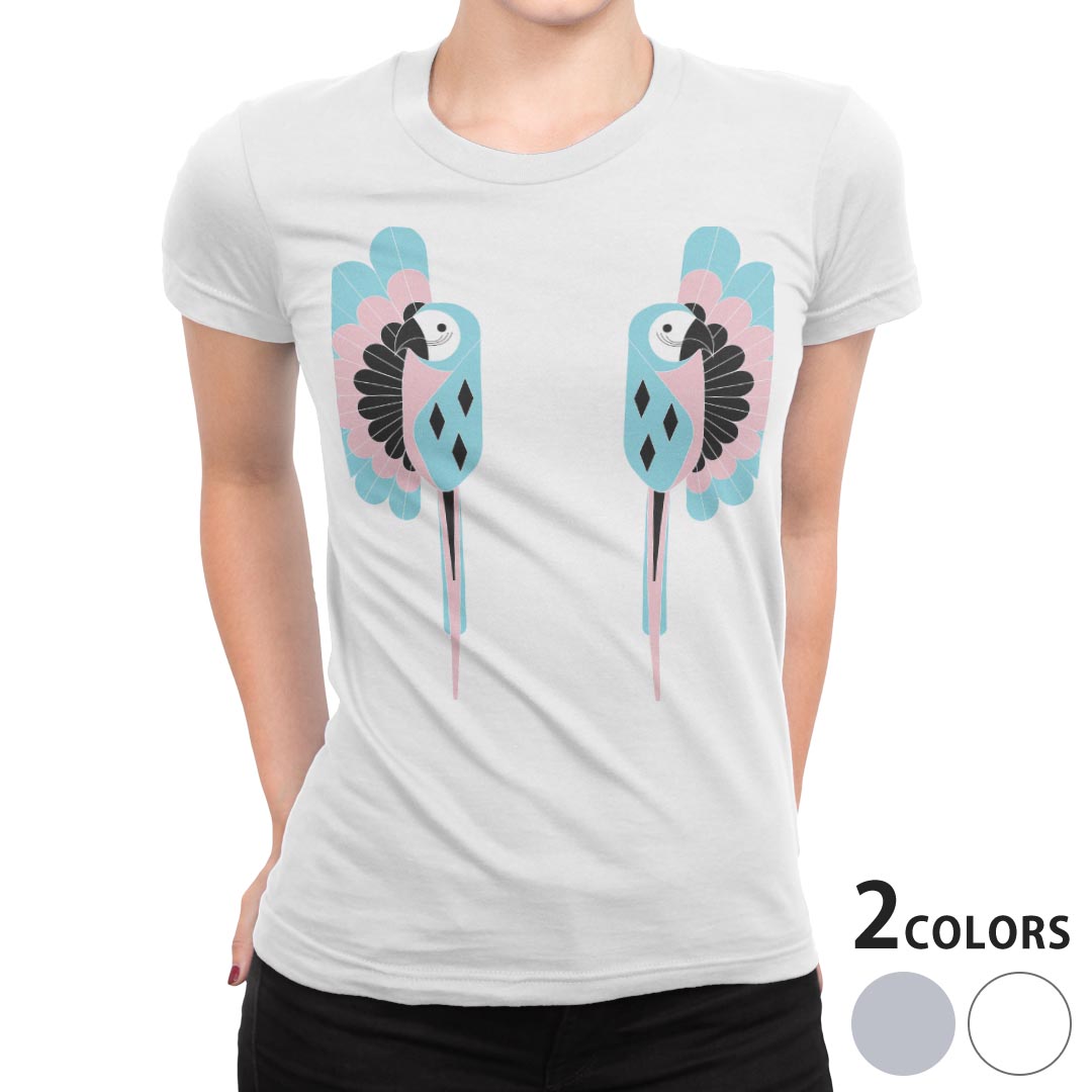 tシャツ レディース 半袖 白地 デザイン M L 白 ホワイト グレー Tシャツ ティーシャツ T shirt 026146 動物　鳥　パステルカラー