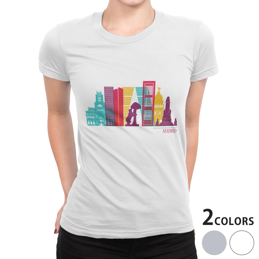 tシャツ レディース 半袖 白地 デザイン M L 白 ホワイト グレー Tシャツ ティーシャツ T shirt 031745 マドリード タワー スペイン