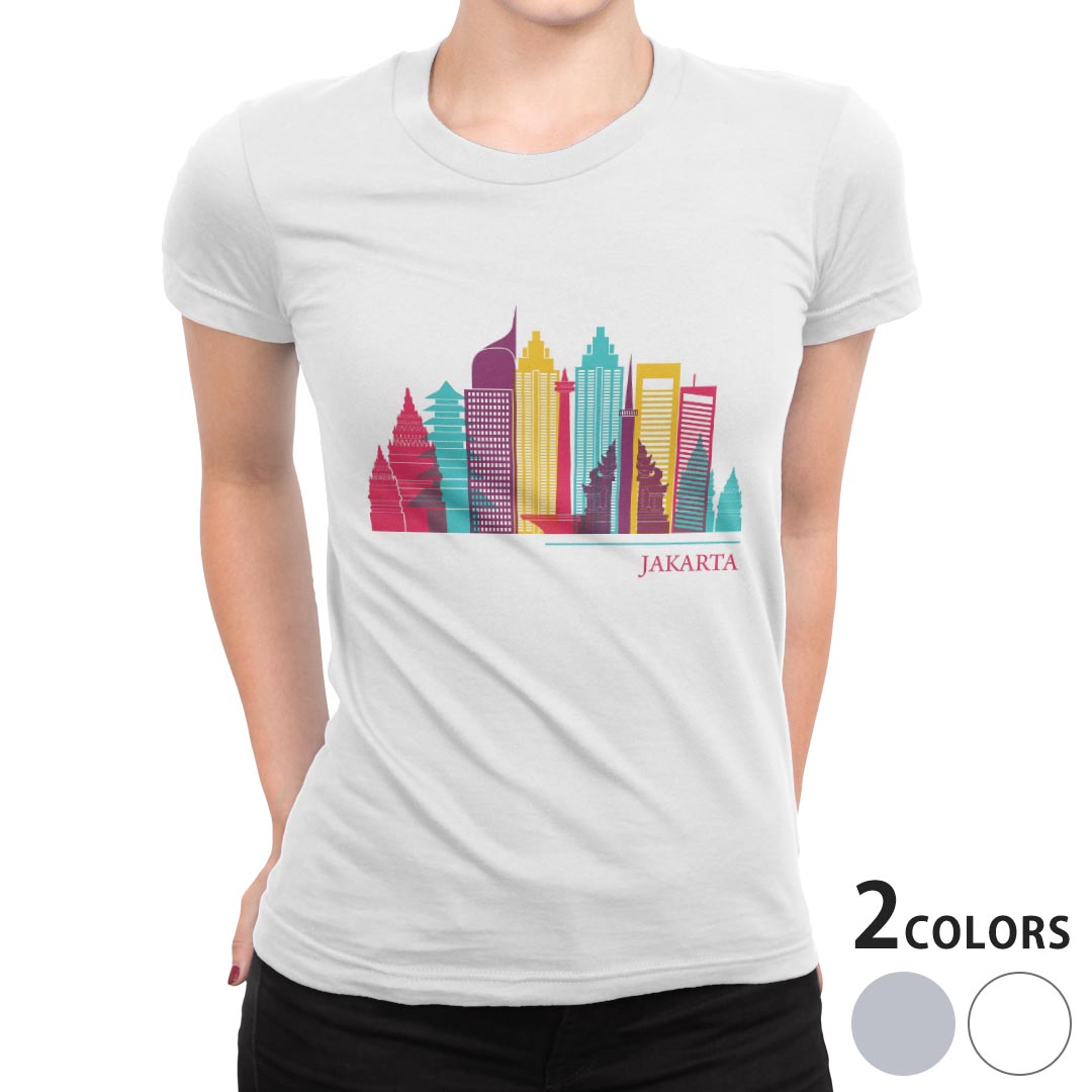 tシャツ レディース 半袖 白地 デザイン M L 白 ホワイト グレー Tシャツ ティーシャツ T shirt 031765 ジャカルタ おしゃれ ビル kabekore-11008964 kabeコレ パッケージ画像
