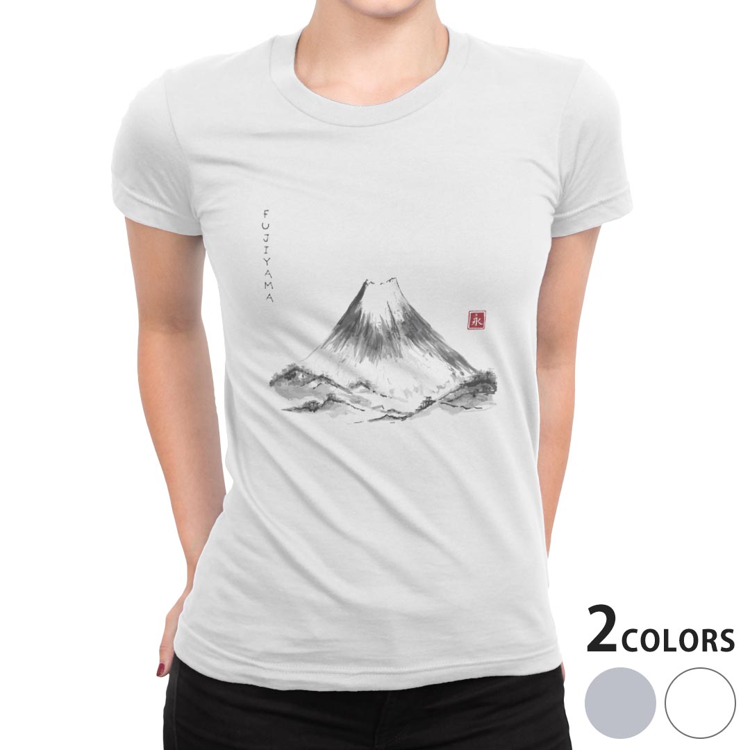 tシャツ レディース 半袖 白地 デザイン M L 白 ホワイト グレー Tシャツ ティーシャツ T shirt 032059 水墨画 富士山 日本 kabekore-11009258 kabeコレ パッケージ画像