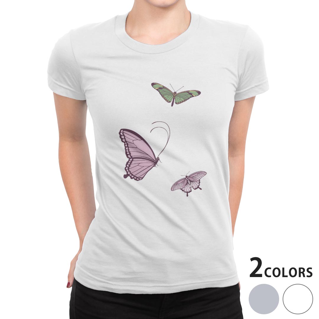 tシャツ レディース 半袖 白地 デザイン M L 白 ホワイト グレー Tシャツ ティーシャツ T shirt 032122 蝶々 バタフライ イラスト