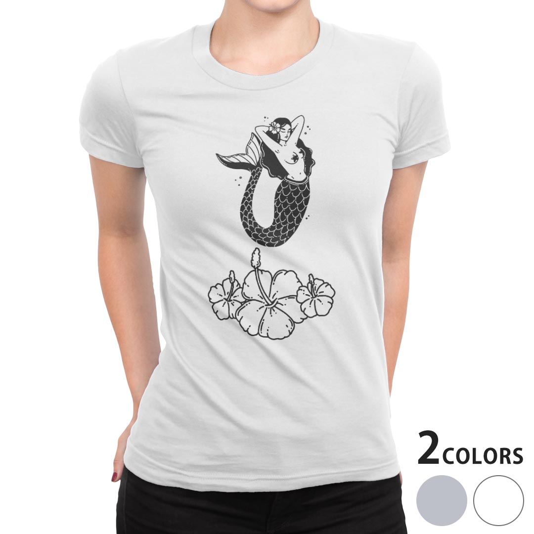 tシャツ レディース 半袖 白地 デザイン M L 白 ホワイト グレー Tシャツ ティーシャツ T shirt 032175 マーメイド