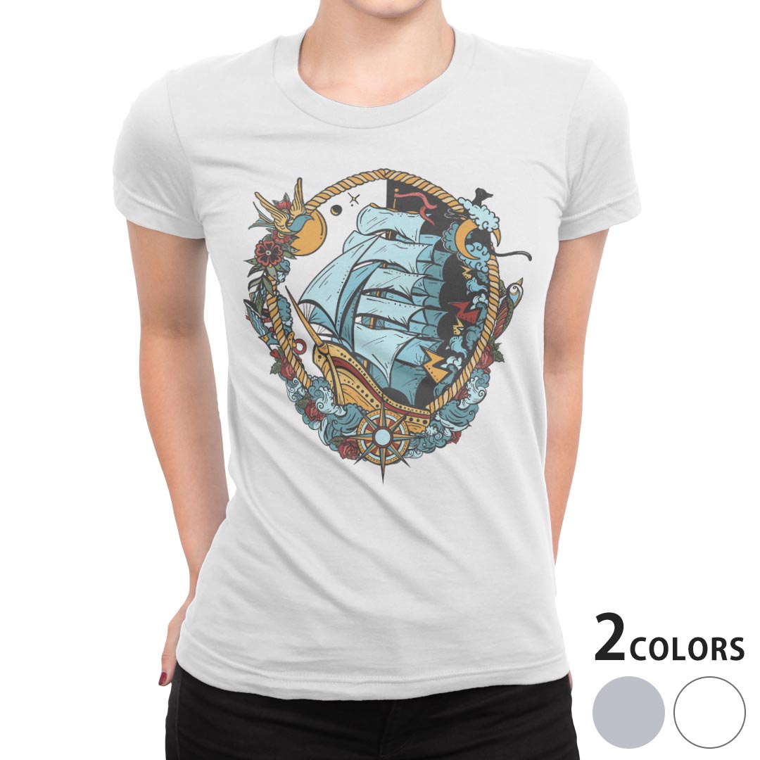 tシャツ レディース 半袖 白地 デザイン M L 白 ホワイト グレー Tシャツ ティーシャツ T shirt 032290 レトロ パイレーツ
