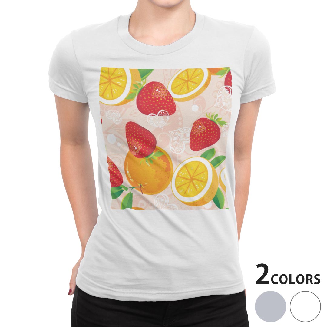 tシャツ レディース 半袖 白地 デザイン M L 白 ホワイト グレー Tシャツ ティーシャツ T shirt 004075 ラブリー 果物 イラスト カラフル