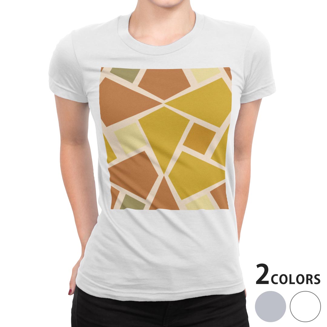 tシャツ レディース 半袖 白地 デザイン M L 白 ホワイト グレー Tシャツ ティーシャツ T shirt 004109 チェック・ボーダー 模様　オレンジ　黄色