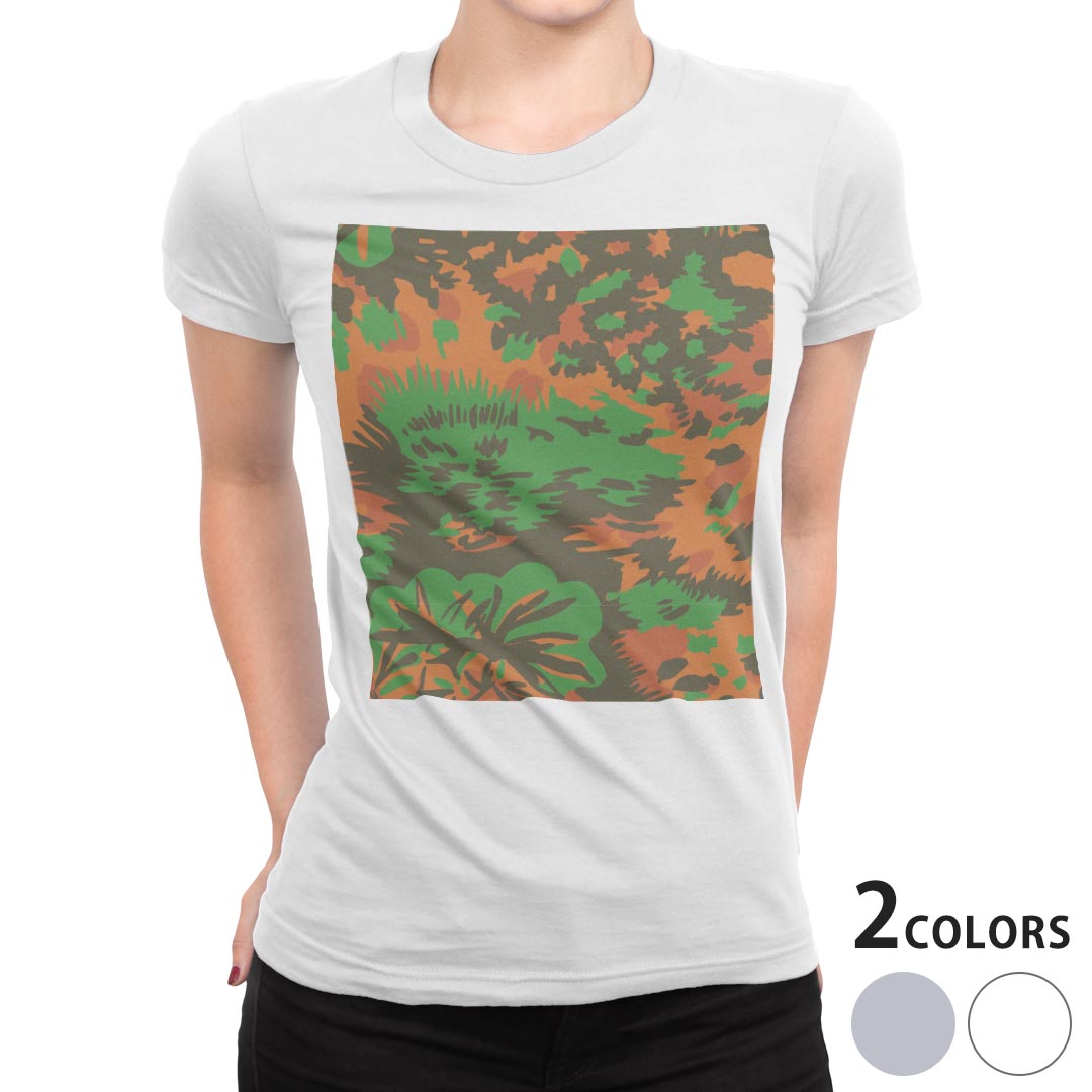 tシャツ レディース 半袖 白地 デザイン M L 白 ホワイト グレー Tシャツ ティーシャツ T shirt 004123 チェック・ボーダー 迷彩 カモフラ 模様