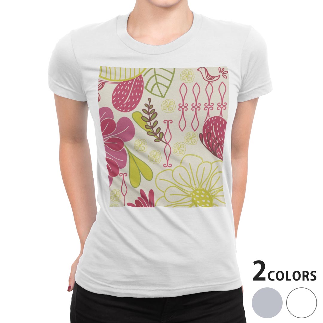 tシャツ レディース 半袖 白地 デザイン M L 白 ホワイト グレー Tシャツ ティーシャツ T shirt 004142 チェック・ボーダー 花 イラスト カラフル